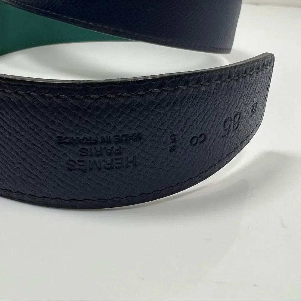 Hermes Reversible H Belt Blue And Green Size 85 Silver Buckle 30mm